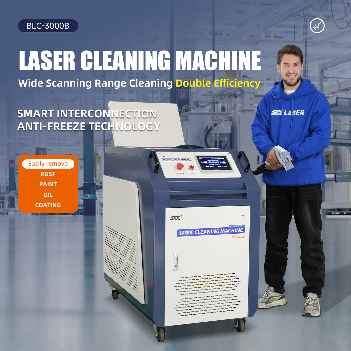 SFX 3000W Laser Rust Removal 400mm Scan Range Laser Cleaning Machine with Anti-Freeze Technology for Rust Oil Painting